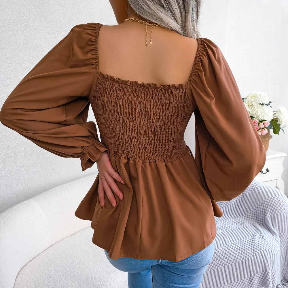 Women Chiffon Blouse 2023 Long Sleeve Casual Ruffles Peplum Top White Red Green Blue Black