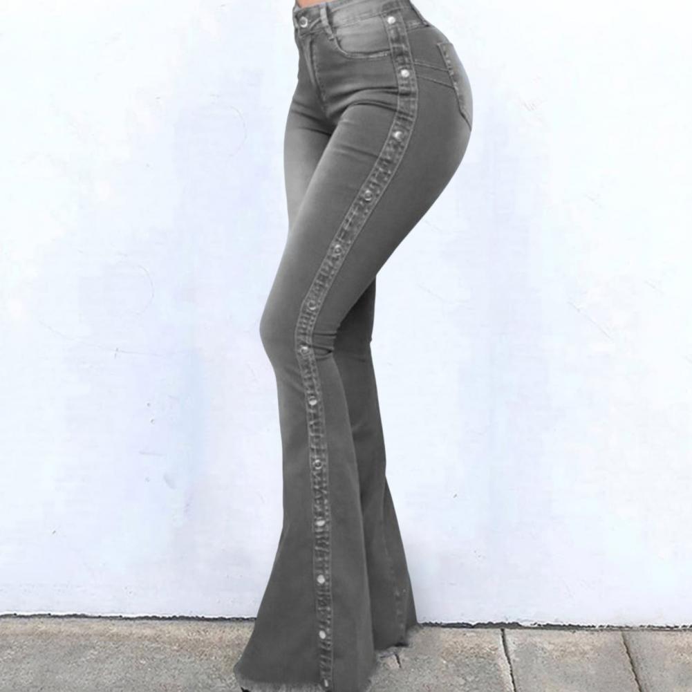 Mid Waisted Stretch Flare Jeans Women Denim Pants Wide Leg Butt-lifted Casual Korean Style Skinny Bell Bottom Pocket Trousers