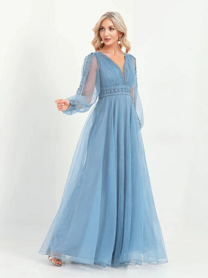 Lucyinlove Elegant Tulle V-Neck Formal Evening Dresses Long Sleeve 2024 Womwen Floor-Length Party Dress Chiffon Cocktail Prom