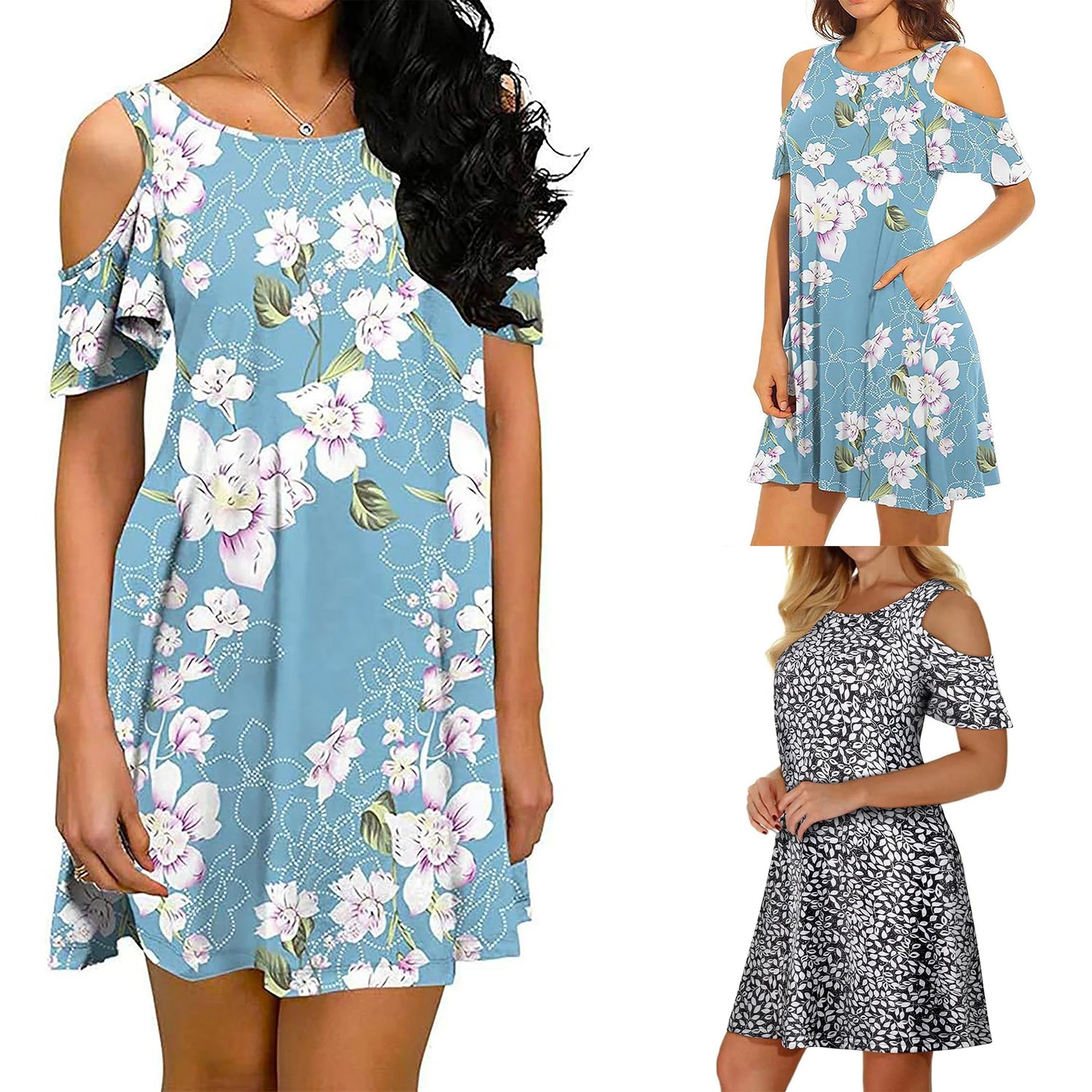 Womens Summer Cold Shoulder Floral Flowy T-Shirt Dress with Pockets