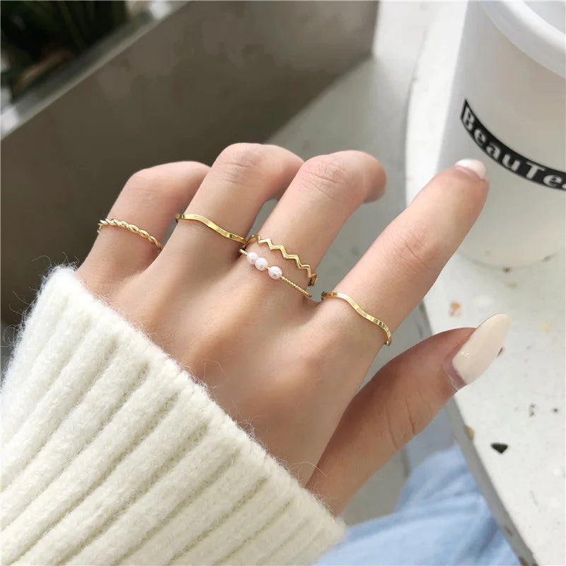 2024 New 5pcs/Set Geometric Rings Boho Style Wave Shape Rings Women Punk Gold Silver Color Ring Hip-Hop Ring Finger Accessories