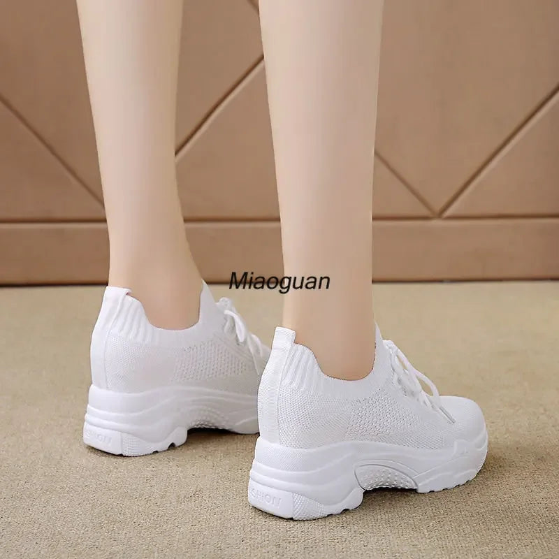 Hidden Heels White Women Spring Breathable Mesh Casual Platform Sneakers Surface Shoes 2023 New Thick Bottom Footwear Round Head