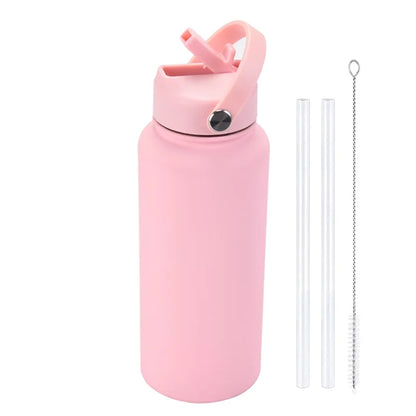 1L WATER BOTTLE Sports Double Thickened Stainless Steel Large Capacity American Large Mouth Portable Handle Straw Thermos CUP