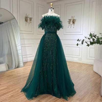 Serene Hill Dubai Luxury Beaded  Blue Mermaid Elegant Overskirt Evening Dresses Gowns 2024 For Women Wedding Party LA71634