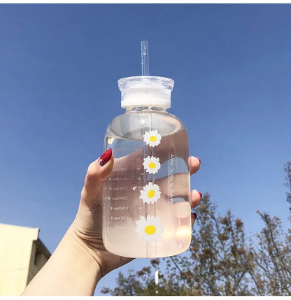 480ml Water Bottle Small Daisy Milk Juice Cute Kawaii Frosted Glass Bottle with Straw Drinking Cups with Scale 2 Lids