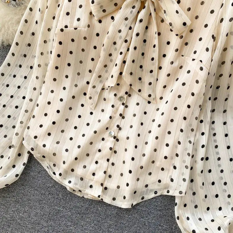 Beige Polka Dot Bow Neck Elegant Chiffon Long Sleeve Loose Women&