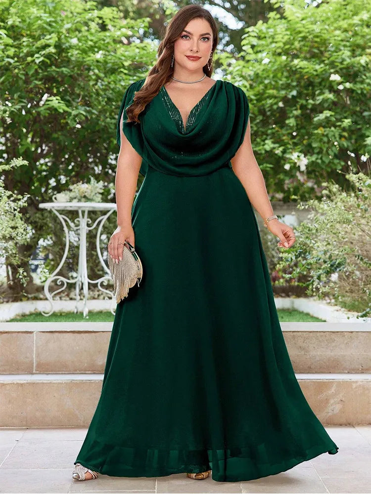 Plus Size V Neck Chiffon Yellow Floor Floor Bridesmaid Luxury Dress 4XL 5XL Big Size Shiny Chiffon Banquet Evening Dress Women