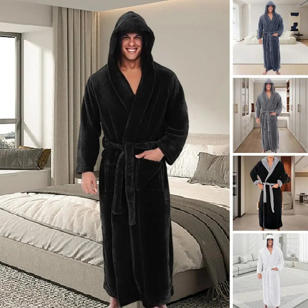 Men Hooded Bathrobe Flannel Robe Long Bath Robe Home Gown Sleepwear Soft Fluffy Hooded Bathrobe Quick Dry Lounging Bathrobe