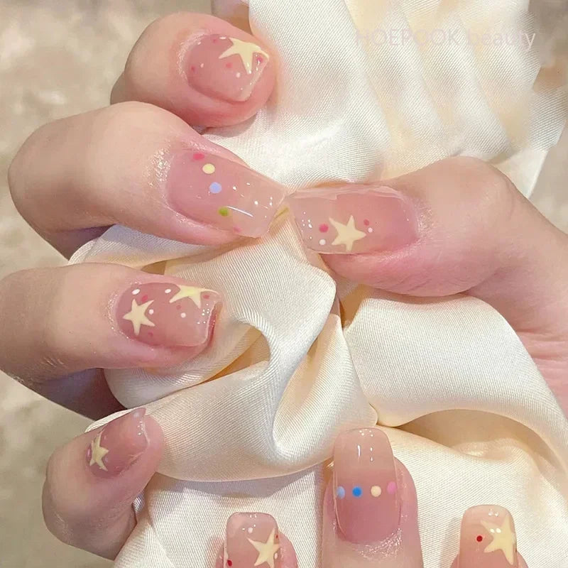 24pcs Short Cute False Nails Polka Dot Star Design Fake Nails Full Coverage Waterproof Removable Artificial Press on Nails