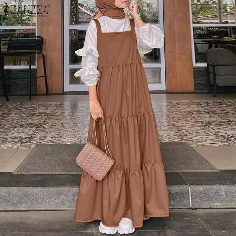 2023 ZANZEA Elegant Muslim Women Straps Dress Turkey Abaya Hijab Maxi Long Dresses Autumn Solid Ruffles Vestidos Sundress Robes