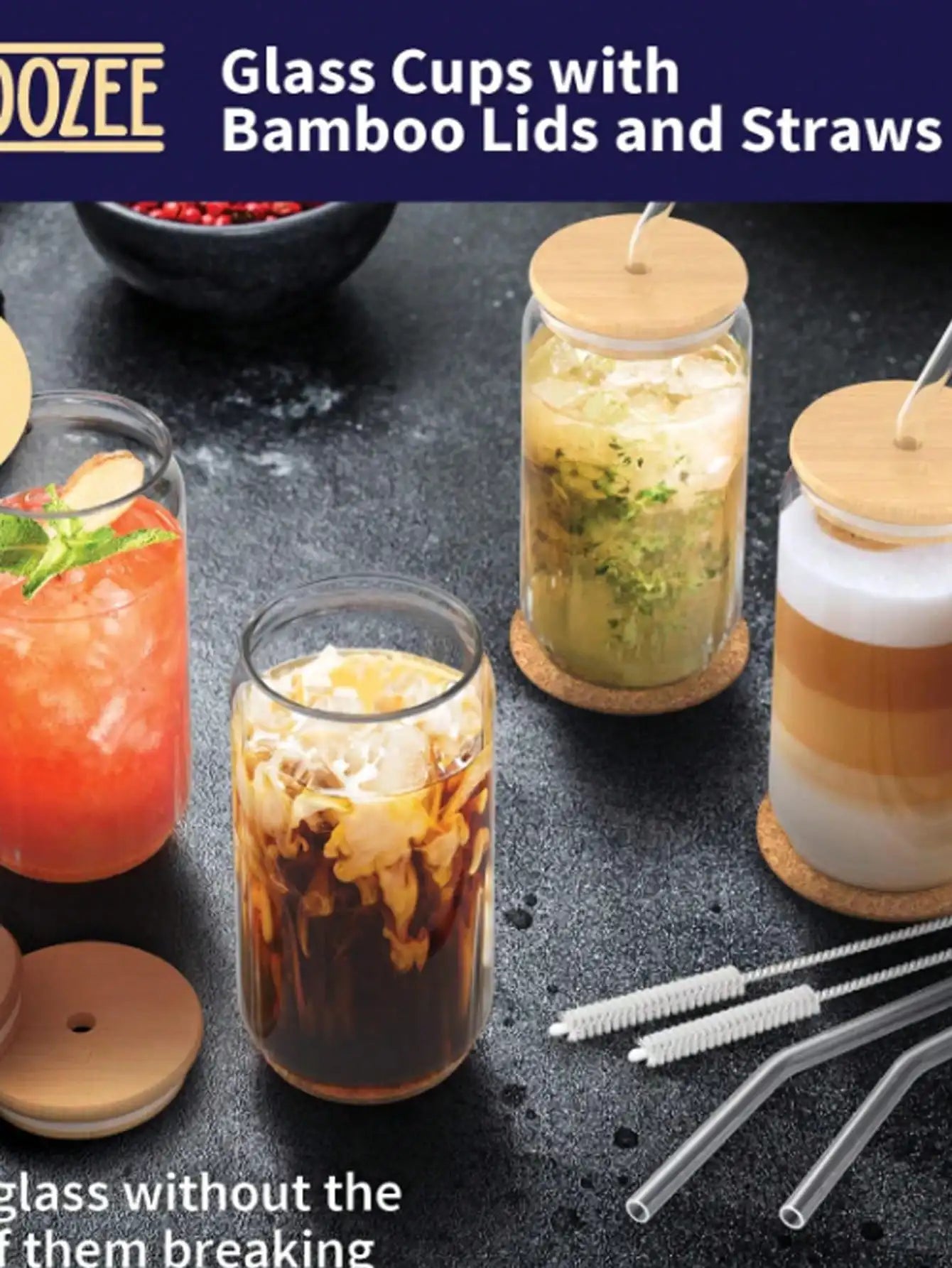 1 Pcs Glass Cups with Bamboo Lid and Straw (Approximately 510.3 Grams), ice Coffee Cup, Suitable for Ice Coffee Bar Accessories.