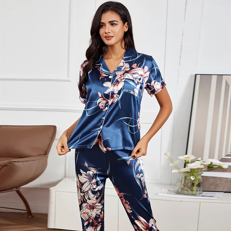 Pajamas For Women Silk Satin Sleepwear Spring Long Sleeve Top With Trouser Homewear Pyjama Flower Print Pajama Pants Lounge Sets