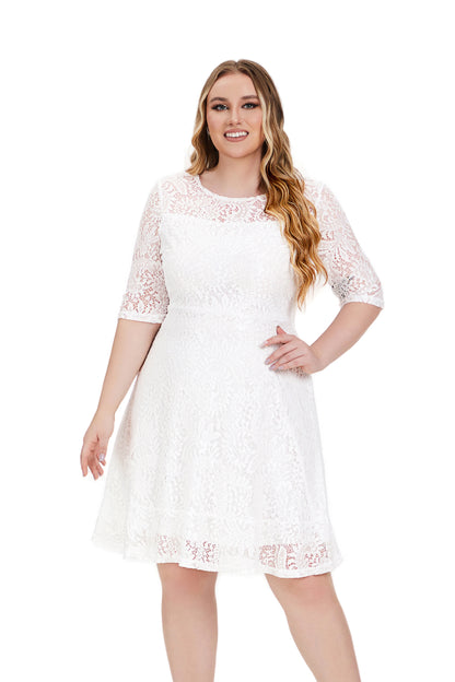 Plus Size Contrast Lace Semi Sheer 3/4 Sleeve Midi Dress, Women&