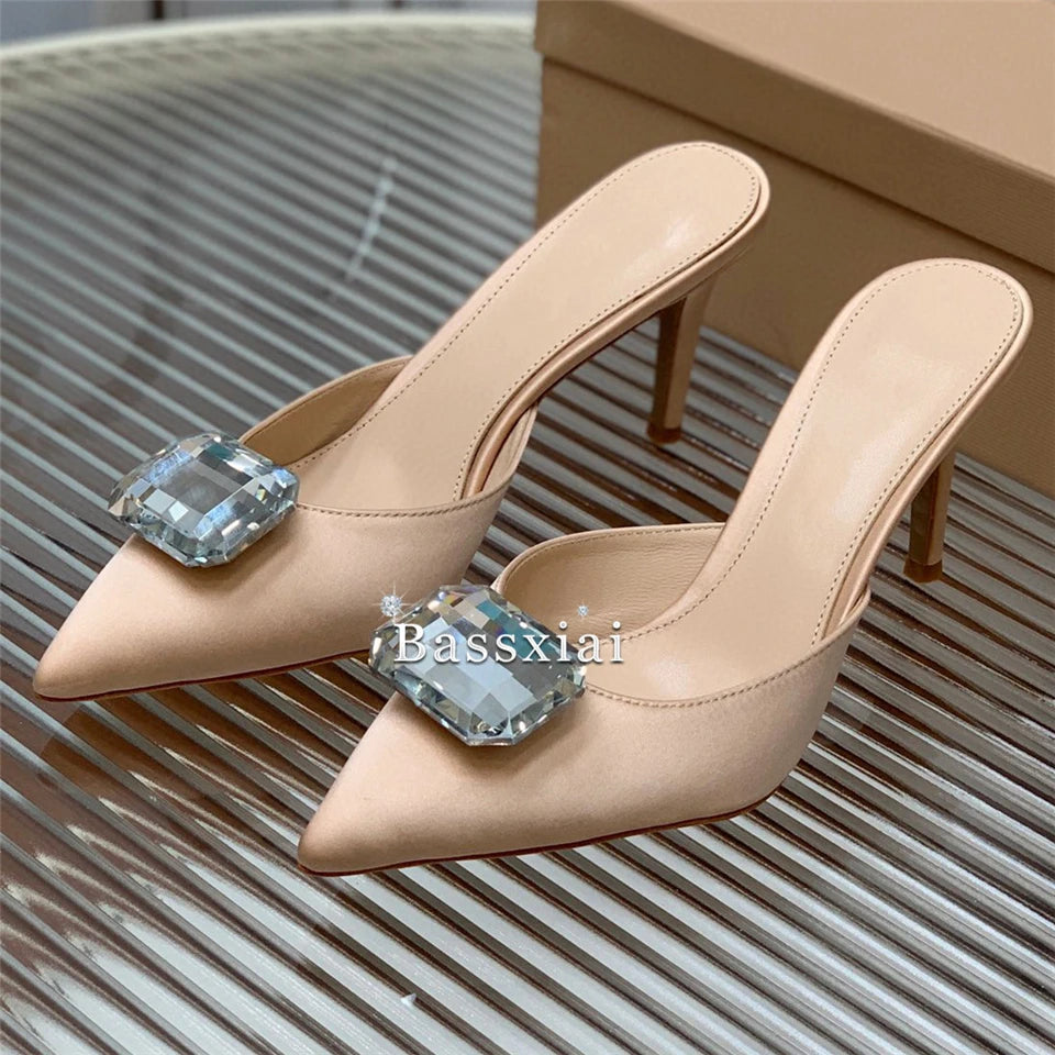 2024 Big Rhinestone Buckle Decor Women Sandals 8cm Thin High Heel Sexy Pointed Toe Luxury Satin Slingbacks Summer Mules