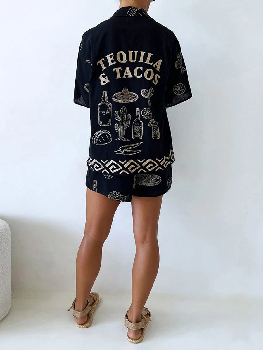 Women Pajamas Set 2 Pieces Loungewear Suits Tacos Tequila Letter Print Short Sleeve Loose Tops and Shorts Sleepwear Outfits