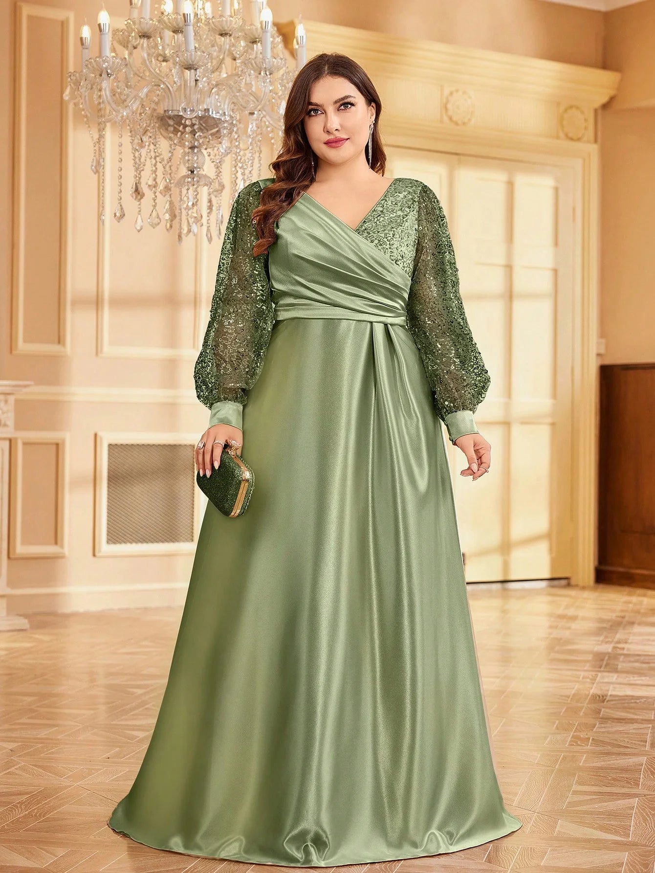 Lucyinlove Plus Size Luxury Green V-Neck Sequin Evening Dress Elegant Women Party Maxi Dress Long Sleeve Cocktail Dress Prom