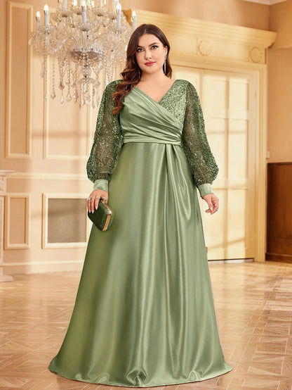 Lucyinlove Plus Size Luxury Green V-Neck Sequin Evening Dress Elegant Women Party Maxi Dress Long Sleeve Cocktail Dress Prom