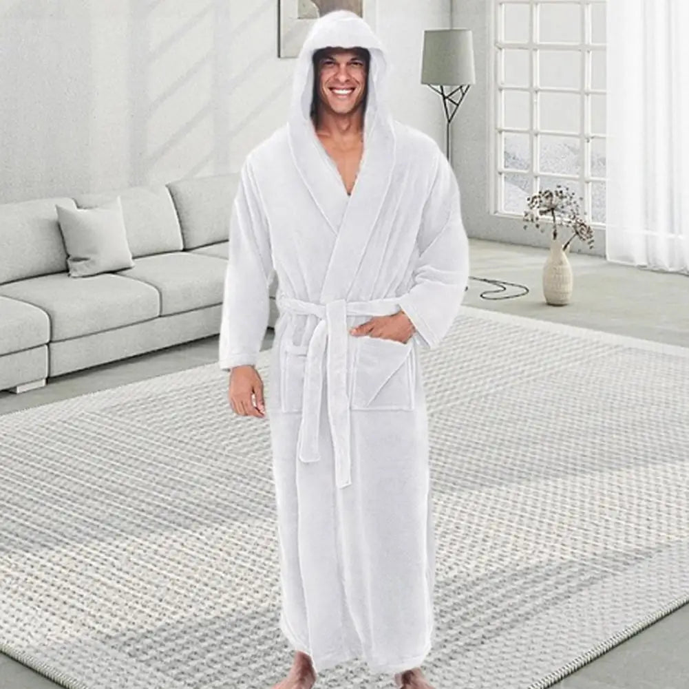 Men Hooded Bathrobe Flannel Robe Long Bath Robe Home Gown Sleepwear Soft Fluffy Hooded Bathrobe Quick Dry Lounging Bathrobe