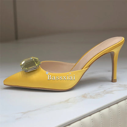 2024 Big Rhinestone Buckle Decor Women Sandals 8cm Thin High Heel Sexy Pointed Toe Luxury Satin Slingbacks Summer Mules