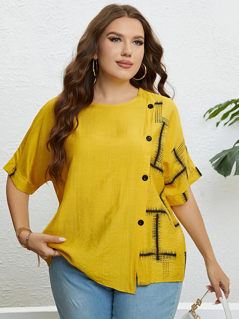 GIBSIE Plus Size Casual Print Button Front Women T Shirt 2024 New Summer Korean Fashion Half Sleeve Ladies O-Neck T-Shirts Tops