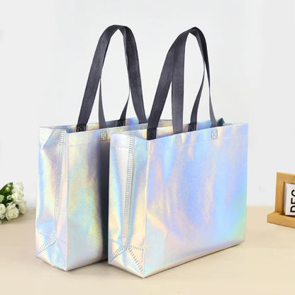 5/20Pcs Laser Silver Gift Bag with Handles Christmas Gift Packaging Decor Birthday Wedding Treat Bag Bachelorette Party Supplies