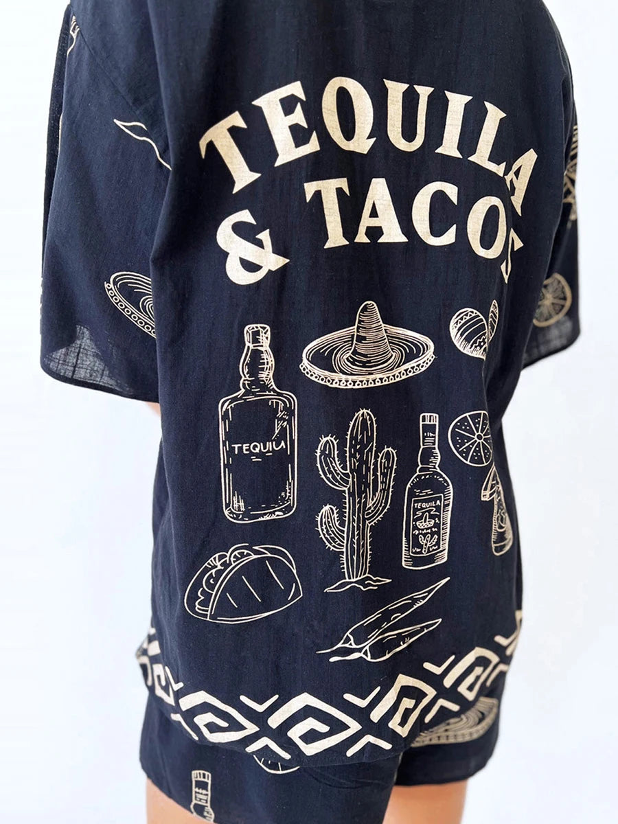 Women Pajamas Set 2 Pieces Loungewear Suits Tacos Tequila Letter Print Short Sleeve Loose Tops and Shorts Sleepwear Outfits