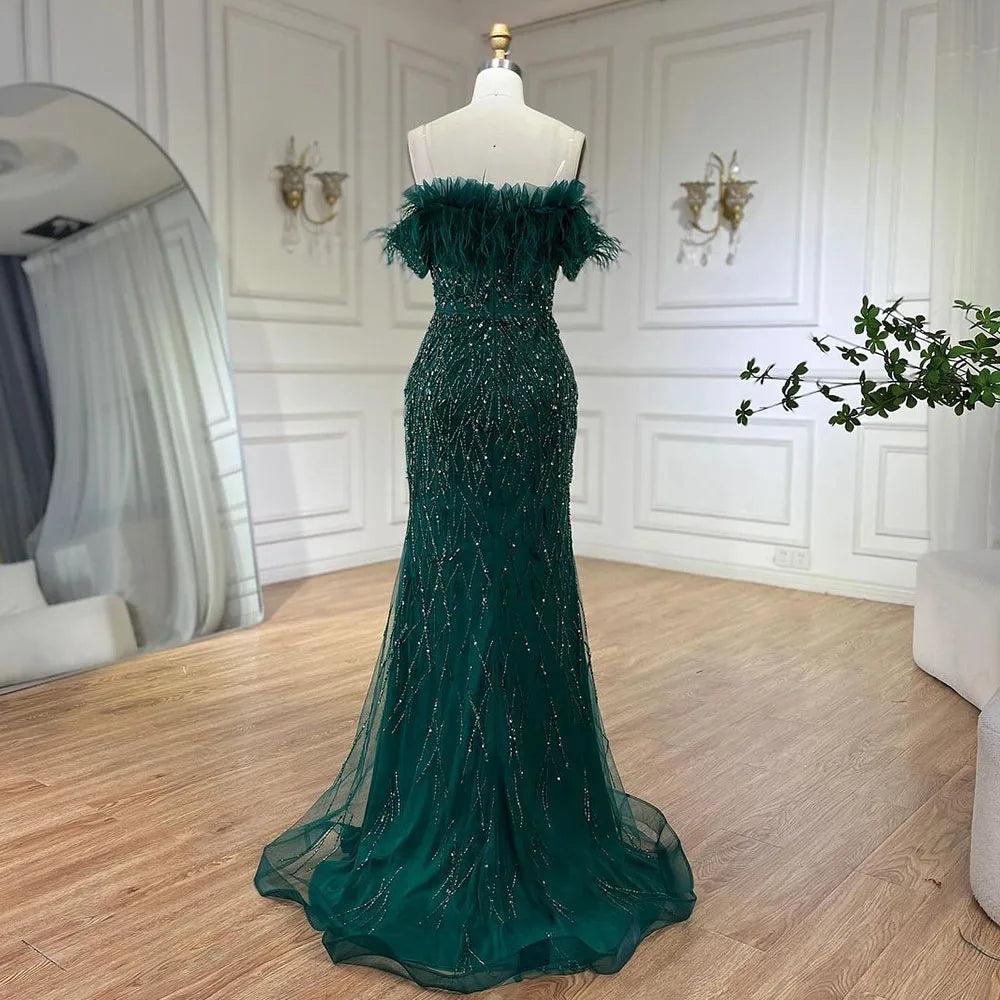 Serene Hill Dubai Luxury Beaded  Blue Mermaid Elegant Overskirt Evening Dresses Gowns 2024 For Women Wedding Party LA71634