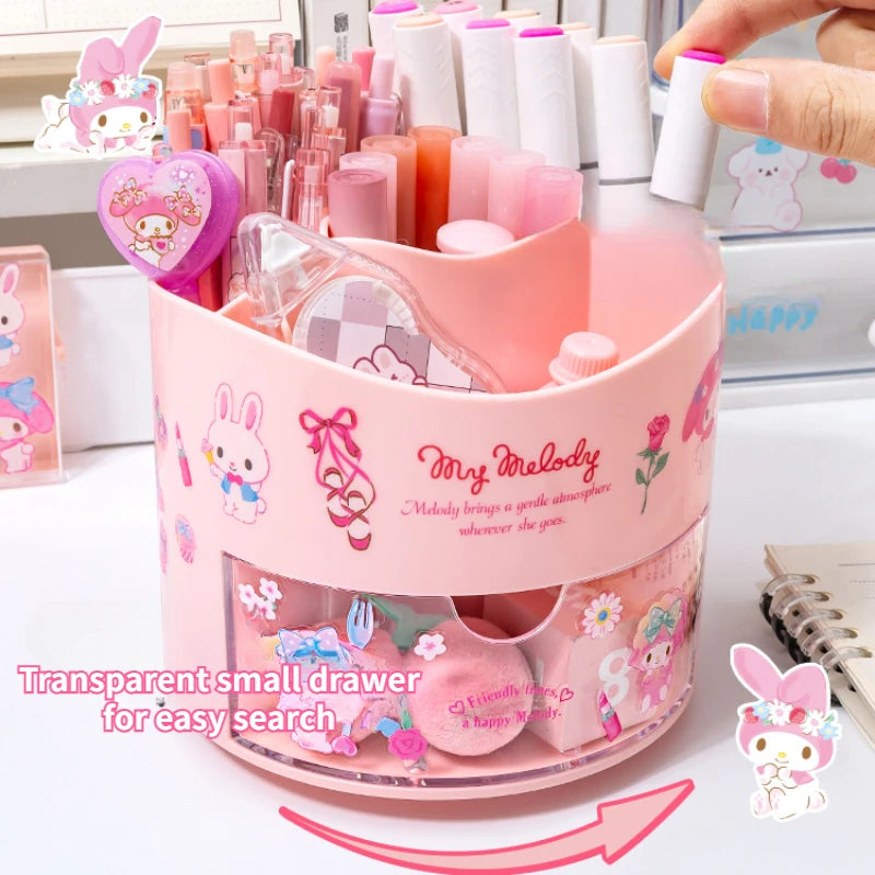 Miniso Sanrio Rotating Pen Holder Storage Box Desk Organizer &amp; Kawaii Sanrio Cinnamoroll Stickers Cute Stationery Storage Girls