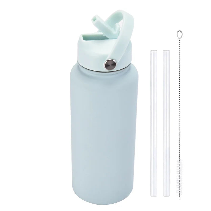 1L WATER BOTTLE Sports Double Thickened Stainless Steel Large Capacity American Large Mouth Portable Handle Straw Thermos CUP