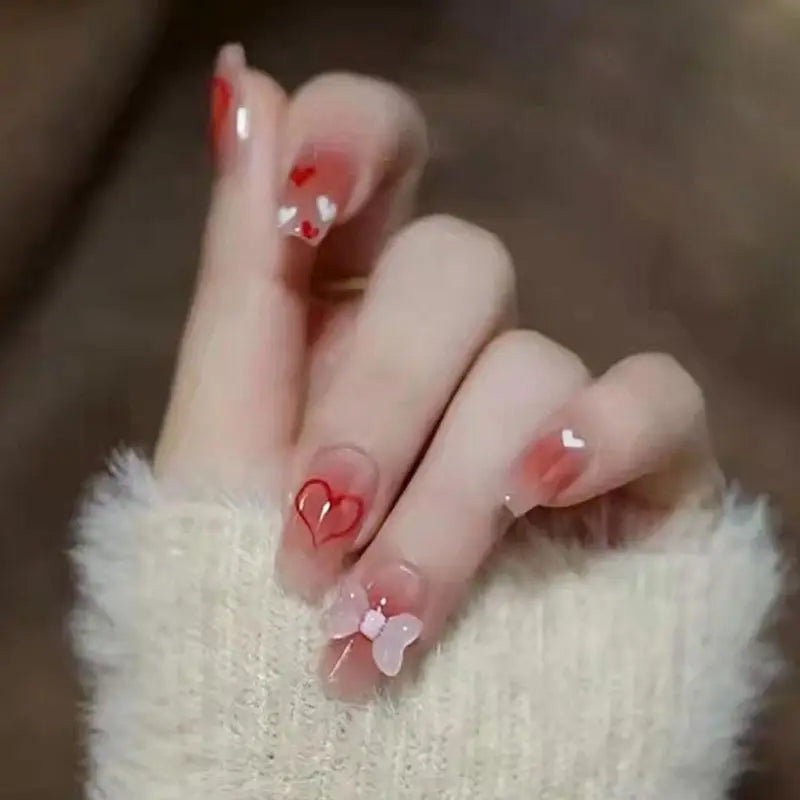 Long Fake Nails Art Tips Press on Nails False Flower heart Design for Extensionfake Nails with Glue Stickers Reusable Set