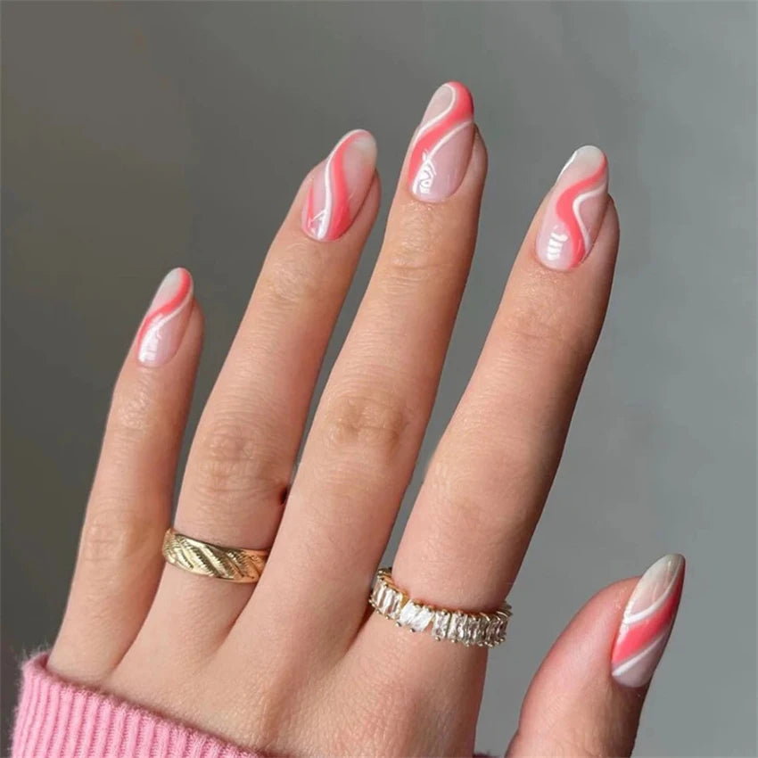 24Pcs/Lot Oval Almond Fake Nails Collection Full Cover Acrylic Press on Nails Art Removable Reusable Wearing False Nails Tips