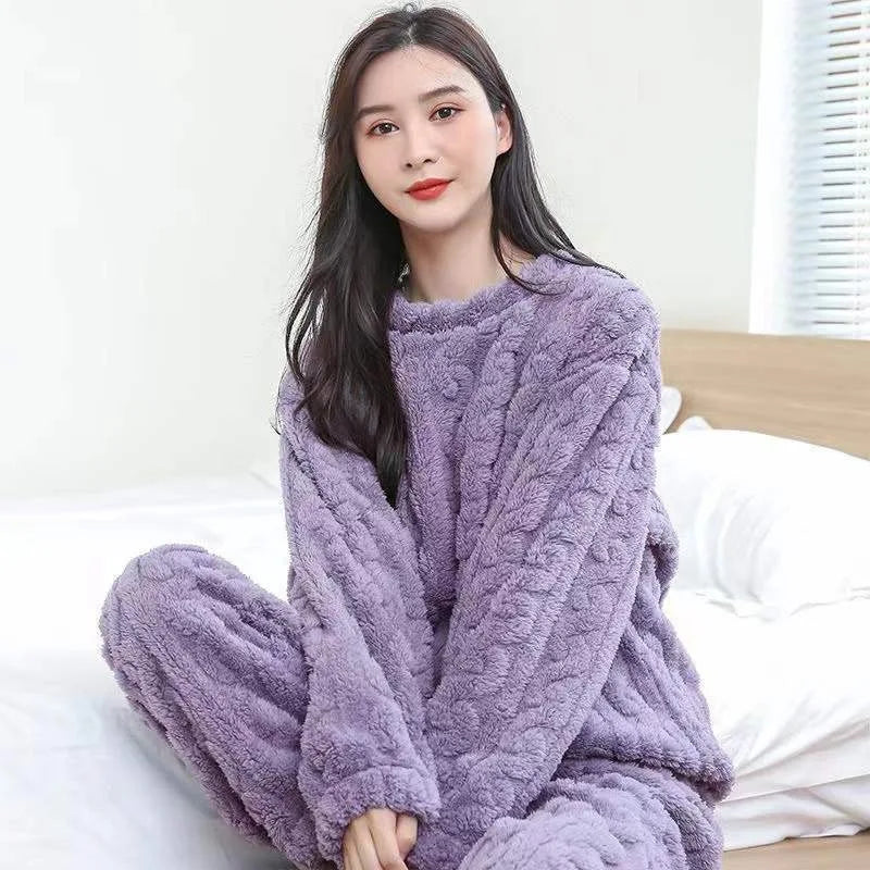 Two-Piece Autumn And Winter Thickened Warm Flannel man Women Pajamas O-neck Solid Long Sleeve Long pants Black Homewear Set New