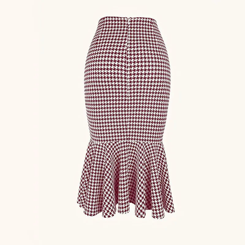 Elegant Houndstooth Printed Knee Length Skirts Women Fashion High Waist Slim Skirts Ladies Elegant Houndstooth Printed Knee Leng