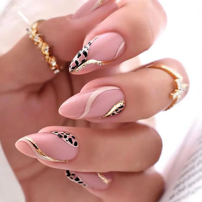 24Pcs Pink Leopard Print Stiletto False Nails French Lines Almond Fake Nails Detachable Full Cover Ballet Nails Press On Nails