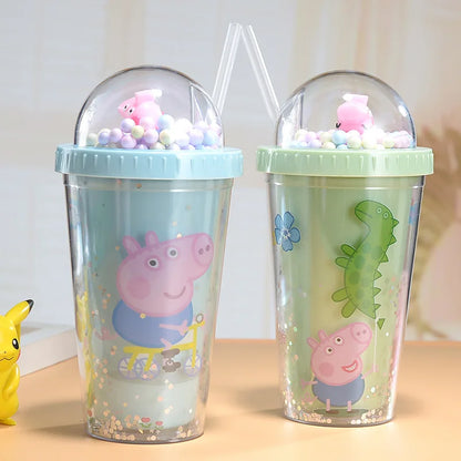 Anime Figures Peppa Pig Water Bottle Double-Layer Plastic Cup with Straw Portable Sports Mug Girl Birthday Party Decoration Kids