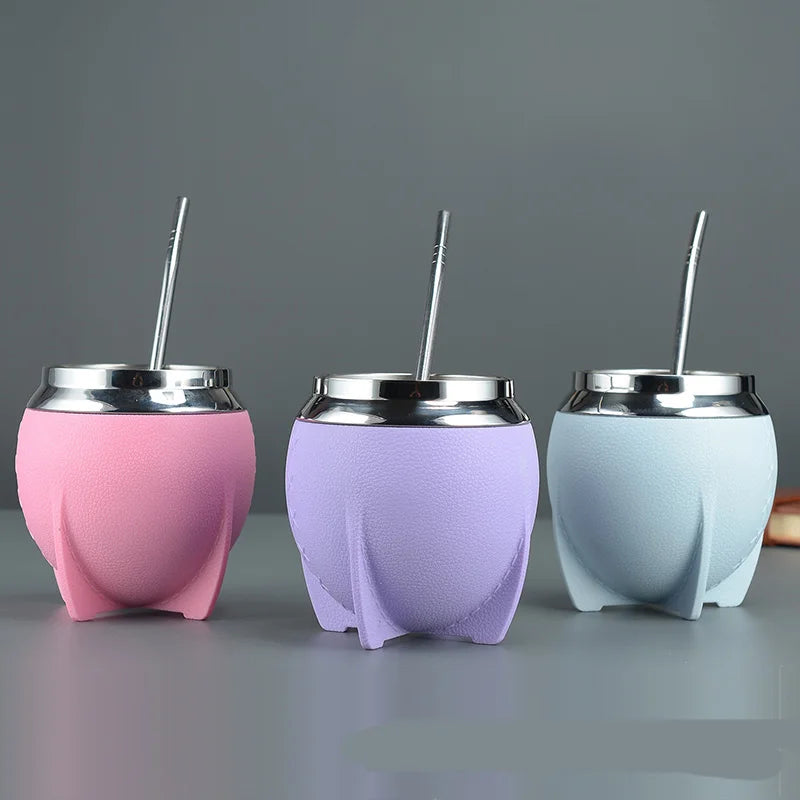 LUSQI 1PC Stainless Steel Leather Cover Double Layer Mate Tea Mug Trendy Creative Water Cup With Straw Spoon