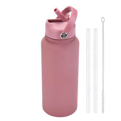 1L WATER BOTTLE Sports Double Thickened Stainless Steel Large Capacity American Large Mouth Portable Handle Straw Thermos CUP