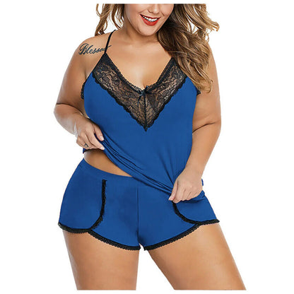 Plus Size Sexy Spaghetti Strap Lace Pajama Set Sleeveless Pyjamas Shorts Set Lace Pijama Suit Women Nighties 2022 Pijama Mujer