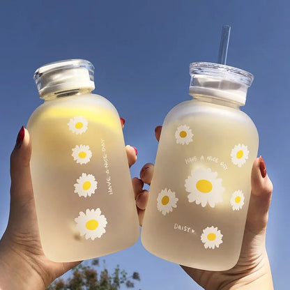 480ml Water Bottle Small Daisy Milk Juice Cute Kawaii Frosted Glass Bottle with Straw Drinking Cups with Scale 2 Lids