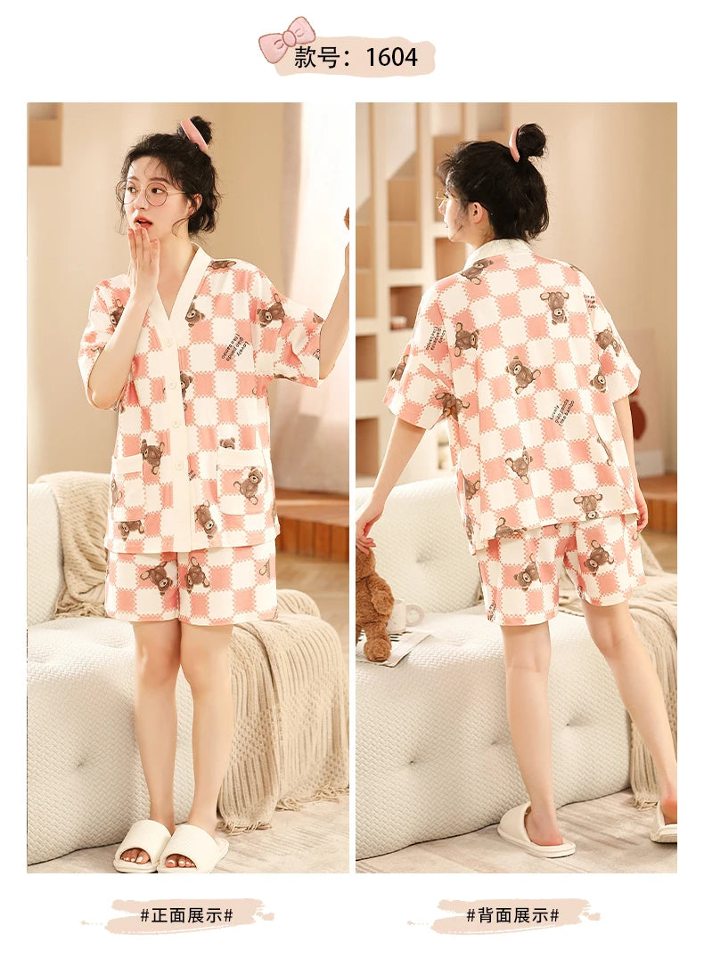 5XL Summer Plus Size Kimono Cardigan Women Pajama Knitted Cotton Nightwear Cute Printing Sleepwear Leisure Loungewear Casual Pjs