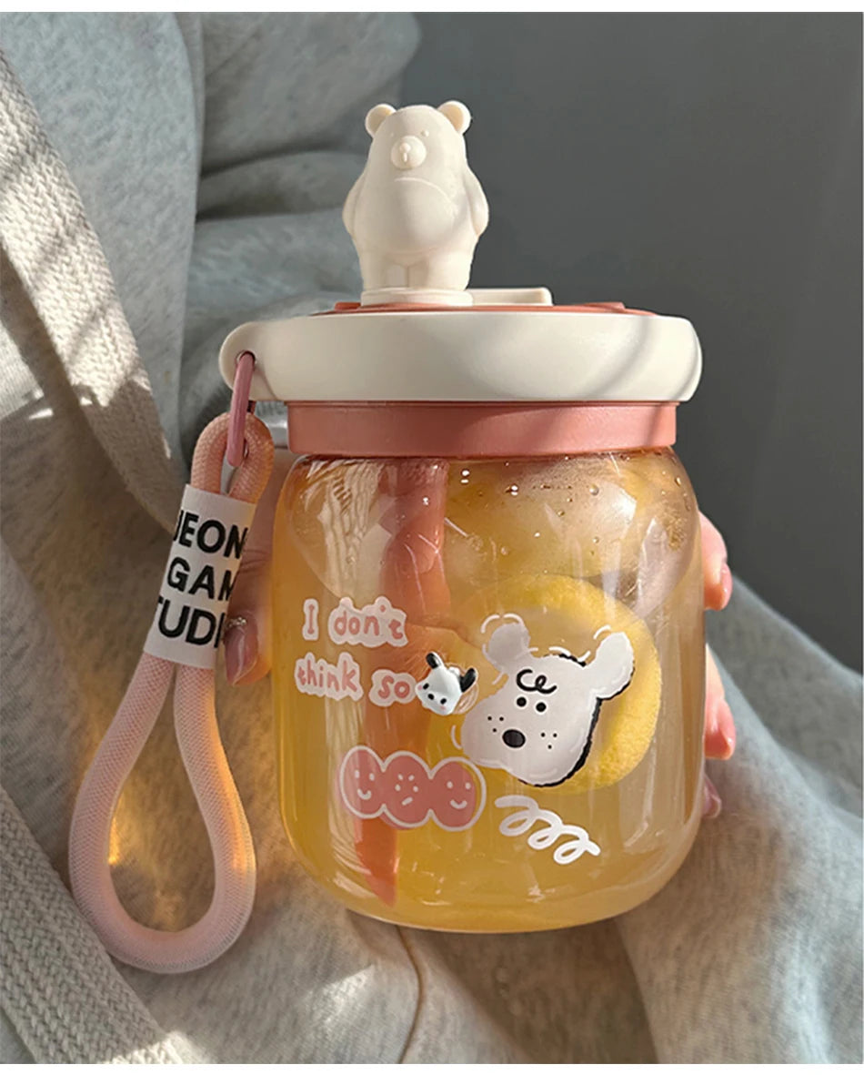 Kawaii Jumbo Boba Water Bottle With Straw For Girls Kids Large Capacity Cute Stirring Cup Portable Dual Drinking Plastic Cups