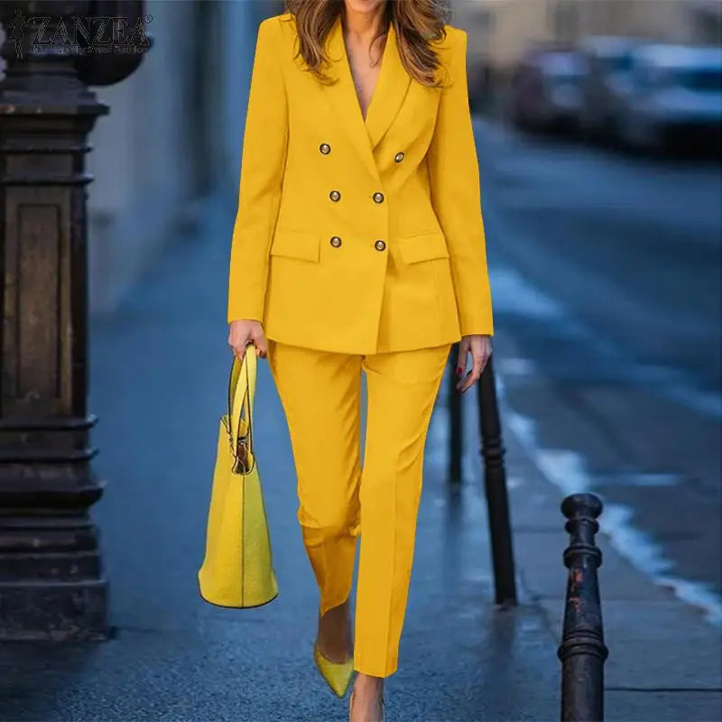 2PCS Spring Blazer Suits Fashion Solid Trousers Suits Office Lady Tracksuit Outifits ZANZEA Women Elegant OL Work Pants Sets