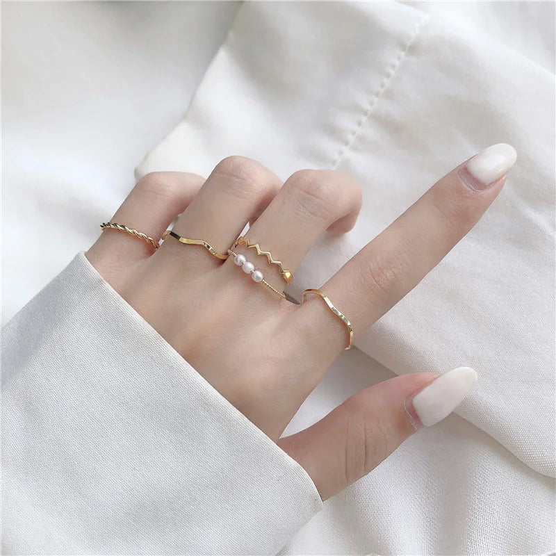 2024 New 5pcs/Set Geometric Rings Boho Style Wave Shape Rings Women Punk Gold Silver Color Ring Hip-Hop Ring Finger Accessories