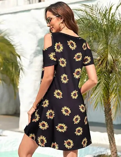 Womens Summer Cold Shoulder Floral Flowy T-Shirt Dress with Pockets