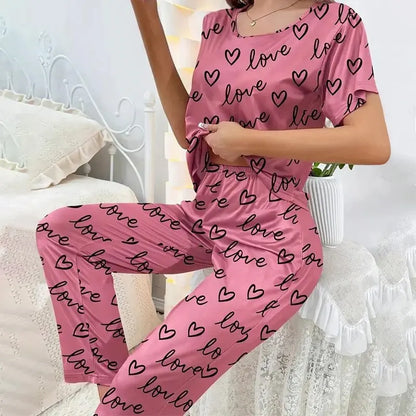 Summer Pijama Women Letter Print Pajamas Set Short Sleeve Crew Neck Tops Elastic Waistband Pants Women&