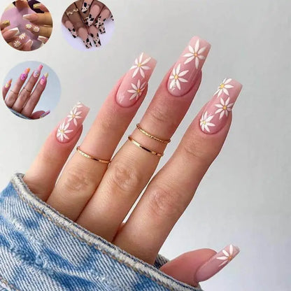 Long Fake Nails Art Tips Press on Nails False Flower heart Design for Extensionfake Nails with Glue Stickers Reusable Set