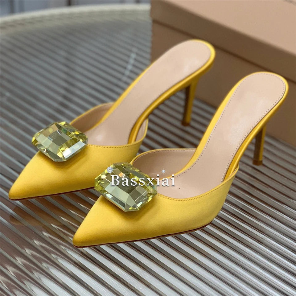 2024 Big Rhinestone Buckle Decor Women Sandals 8cm Thin High Heel Sexy Pointed Toe Luxury Satin Slingbacks Summer Mules