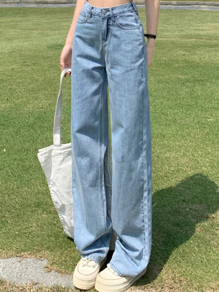 Female High Waist Loose Wide Leg Jeans Lady Non Strech Straight Leg Pants Girls White Light Blue Deep Blue Korean Denim Trousers