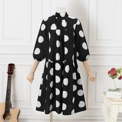 Plus Size VONDA Elegant Midi Dress 2023 Women Bohemian Dot Point Printed Dress Casual 3/4 Sleeve Stand Collar Bandage Robe