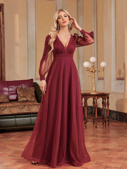 Lucyinlove Elegant Tulle V-Neck Formal Evening Dresses Long Sleeve 2024 Womwen Floor-Length Party Dress Chiffon Cocktail Prom